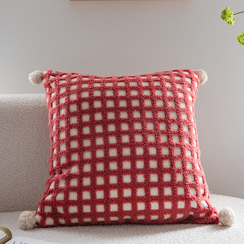 V888-ELOSUNG27767-202505191352-00 Red and Beige 3D Checkered Cushion Cover with Pom Poms - Soft Decorative Pillow Case for Sofa & Living Room (45x45cm, Cover Only) - Image 1