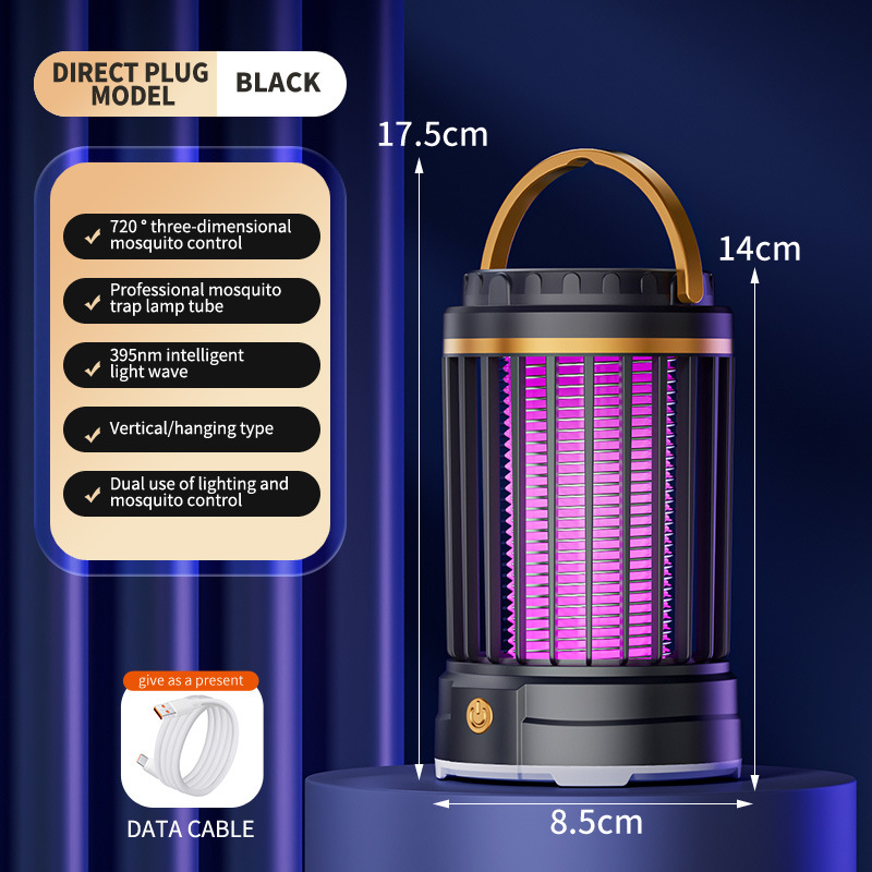 V888-ELOSUNG27804-202505191306-00 Black Portable 3-in-1 Electric Mosquito Zapper Lamp - UV Bug Killer, Warm Night Light & Bright Lantern, USB Plug-in use - Image 1