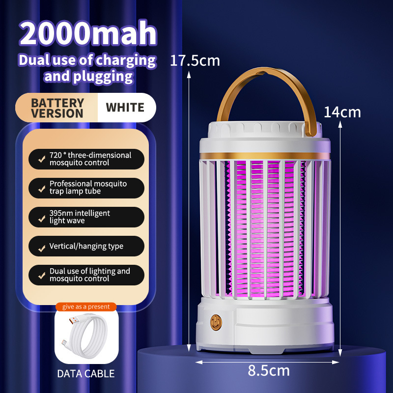 V888-ELOSUNG27808-202505191301-00 USB Rechargeable White Portable 3-in-1 Electric Mosquito Zapper Lamp - UV Bug Killer, Warm Night Light & Bright Lantern - Image 1