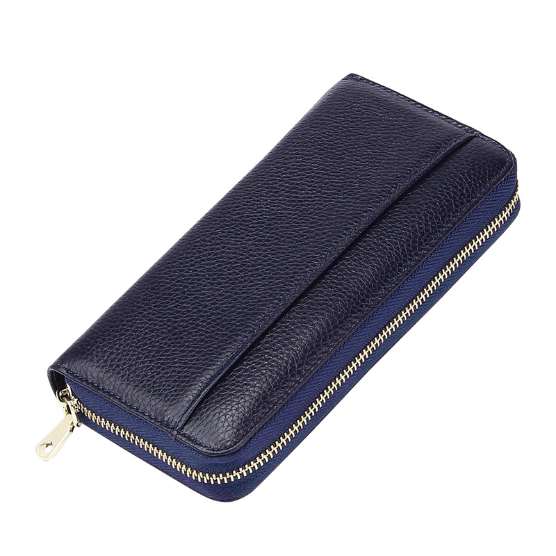 V888-ELOSUNG27838-202505191336-00 Dark Blue Premium Genuine Leather RFID Blocking Long Wallet - Unisex Multi-Card Organizer Clutch with Zip-Around Closure - Image 1