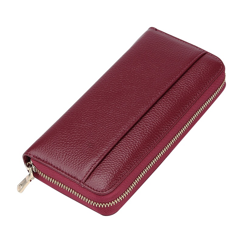 V888-ELOSUNG27839-202505191337-00 Wine Red Premium Genuine Leather RFID Blocking Long Wallet - Unisex Multi-Card Organizer Clutch with Zip-Around Closure - Image 1