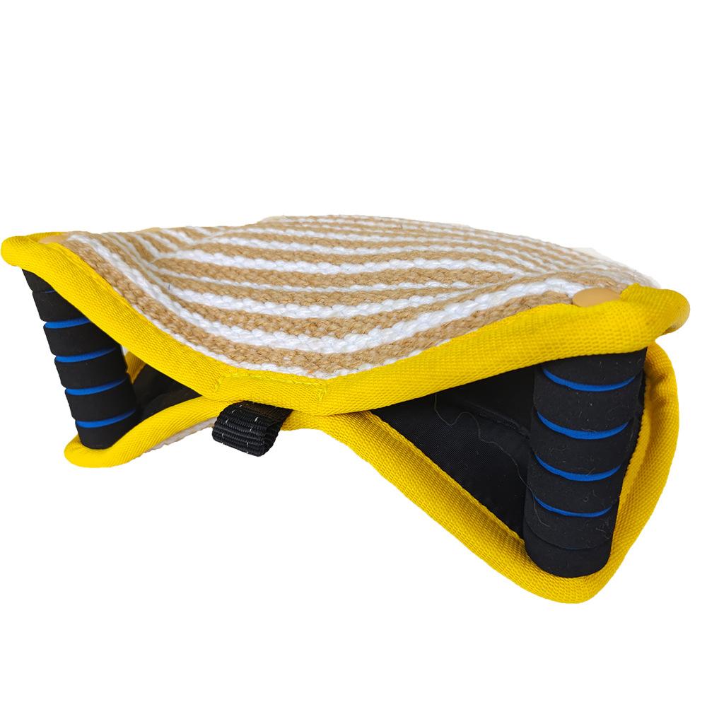 V888-ELOSUNG27866-202505231333-00 Yellow and Khaki Heavy Duty Jute Dog Bite Pillow - Professional Training Tug Toy with 3 Handles for Schutzhund, K9, Agility & Bite Work - Image 1