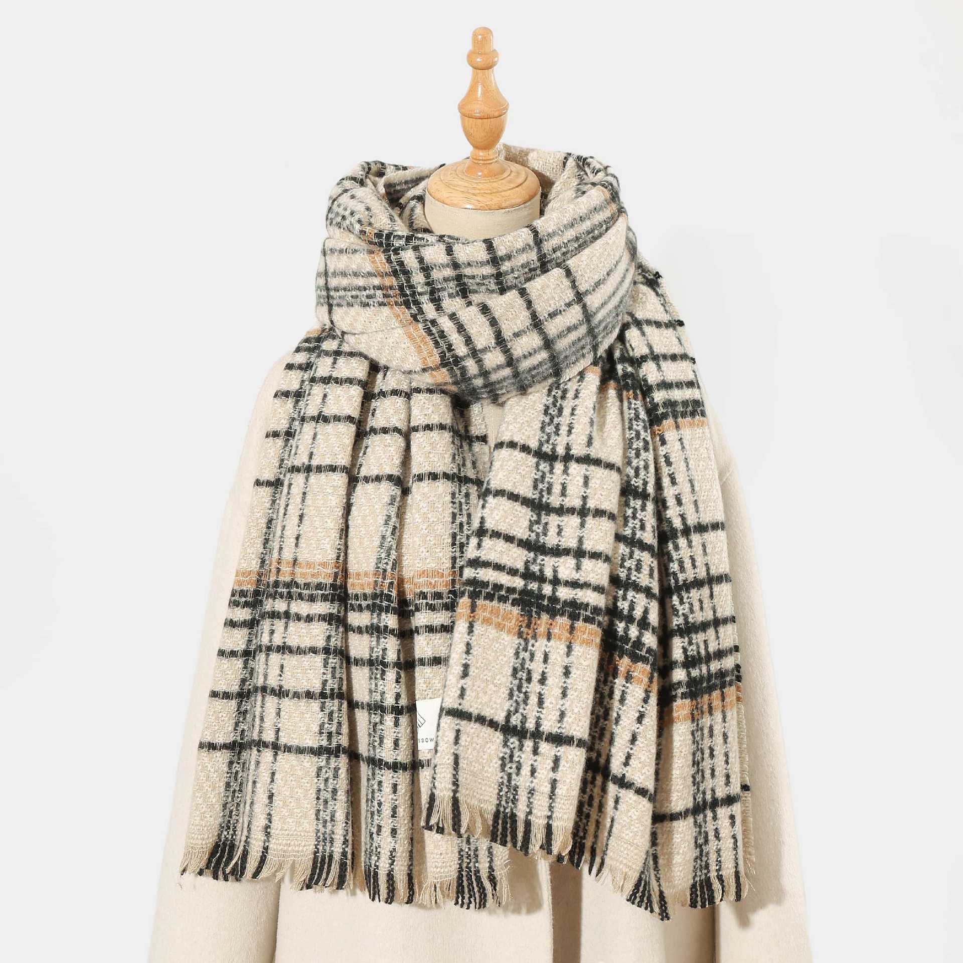 V888-ELOSUNG27889-202505231211-00 Beige Chic Plaid Winter Scarf - Large Soft Polyester Shawl Wrap with Tassels, Korean Inspired Fashion - Image 1
