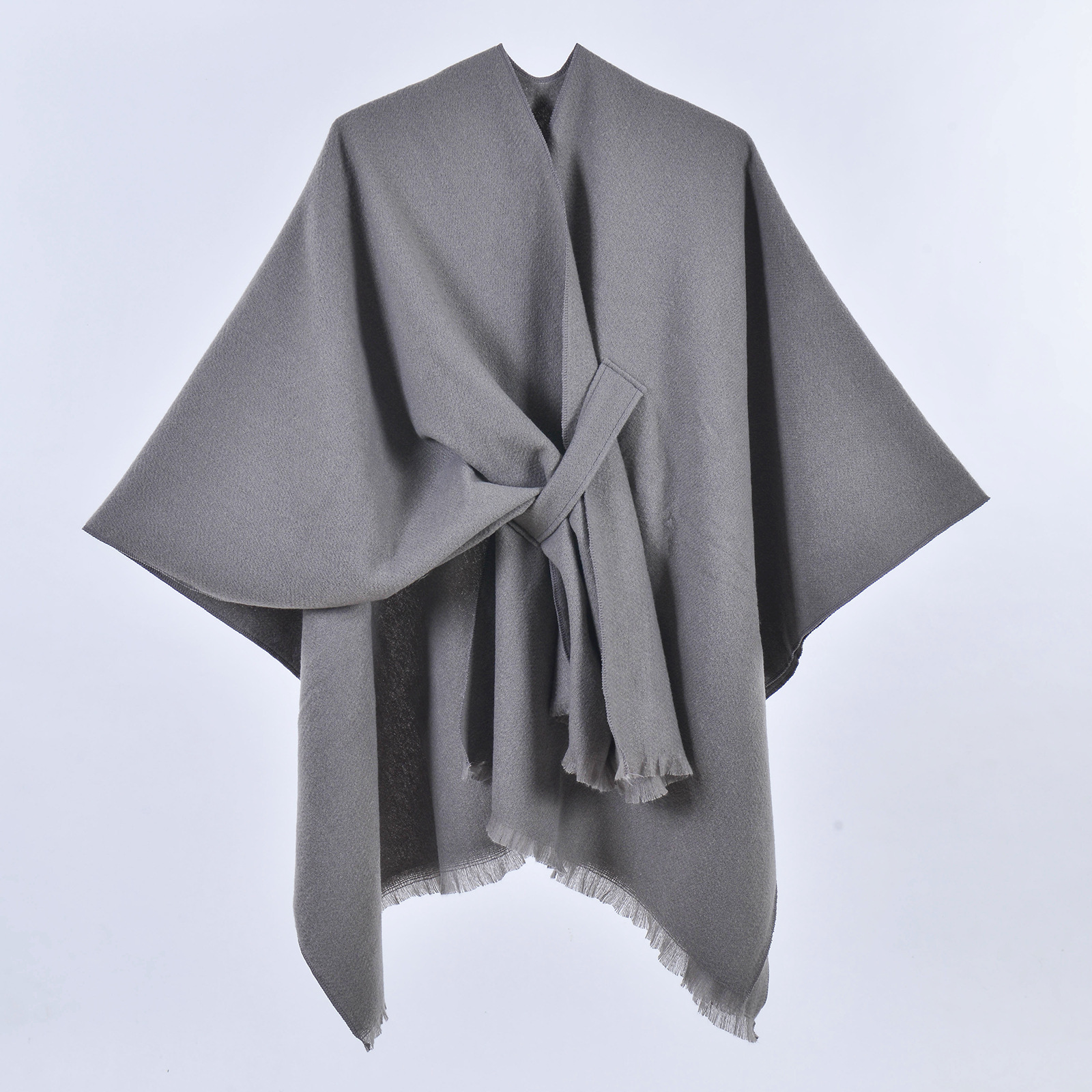 V888-ELOSUNG27899-202505231135-00 Grey Elegant Soft Knit Poncho Cape - Warm Autumn Winter Shawl Wrap with Side Tie, Thick & Luxurious Feel - Image 1