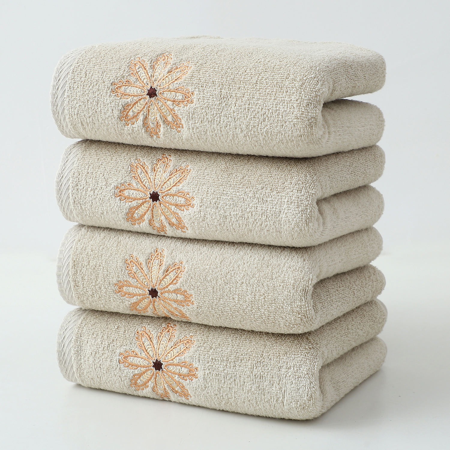 V888-ELOSUNG27933-202505231306-00 Beige 4-Pack Elegant Orange Floral Embroidered Cotton Hand Towels - Ultra Soft & Absorbent - Image 1