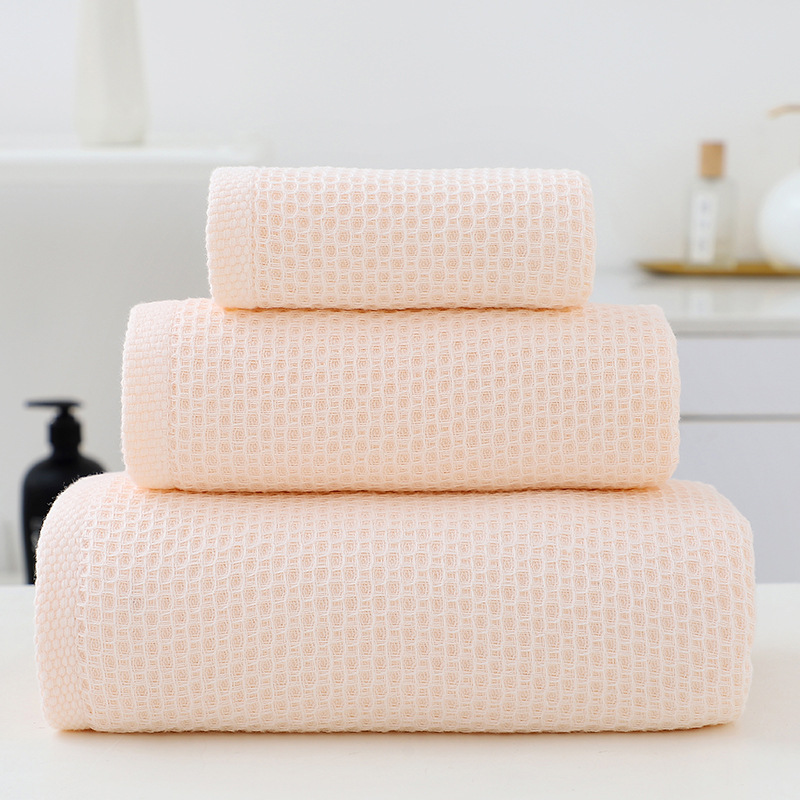 V888-ELOSUNG27941-202505231311-00 Light Pink Premium 3-Piece Waffle Weave Cotton Towel Set - Lightweight, Quick-Dry & Absorbent - Bath, Hand, Face Cloth - Image 1