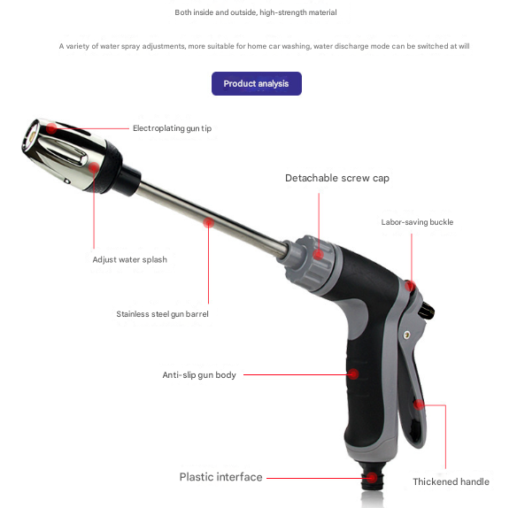 V888-ELOSUNG27961-202505231116-00 Black and Grey Heavy Duty Long Wand Garden Hose Nozzle - High Pressure Water Spray Gun with Adjustable Patterns for Car Wash, Plants & Cleaning - Image 1