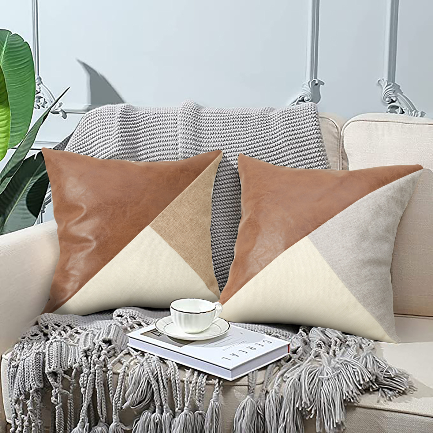 V888-ELOSUNG27978-202505231140-00 Khaki and Gray Modern Geometric Faux Leather & Cotton-Linen Cushion Covers - Set of 2, 45x45cm Decorative Pillowcases for Sofa & Car - Image 1