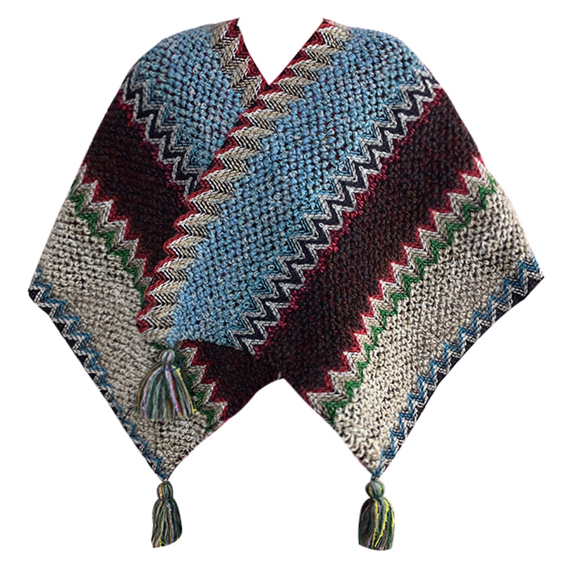 V888-ELOSUNG28073-202504281315-00 Azure Cozy Knitted Poncho Cape - Thick Mohair Blend Winter Shawl Wrap (106x135cm) - Image 1