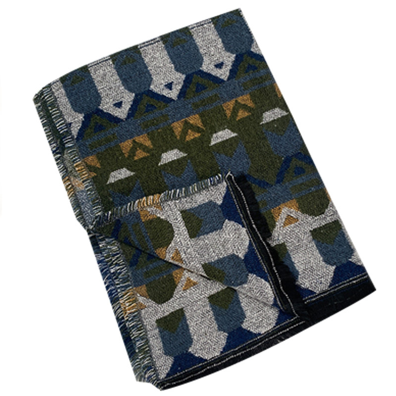 V888-ELOSUNG28079-202504281320-00 Blue Extra Large Ethnic Print Faux Lambswool Shawl - Cozy Winter Wrap Scarf (70x210cm) - Image 1