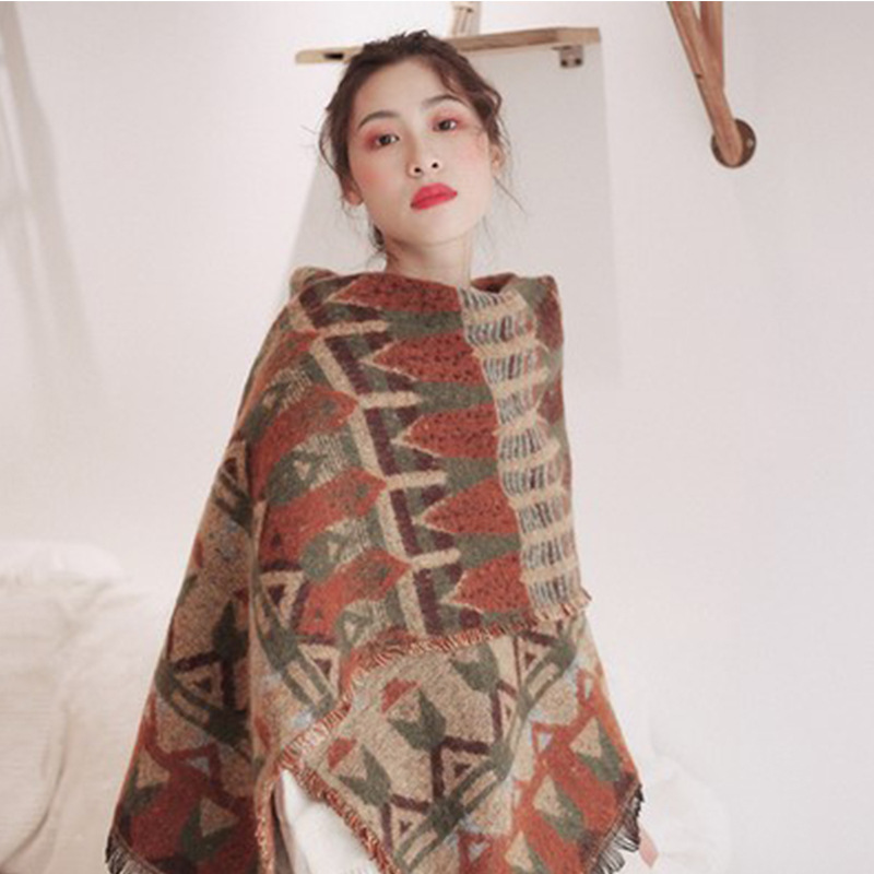 V888-ELOSUNG28082-202504281321-00 Red-beige Extra Large Ethnic Print Faux Lambswool Shawl - Cozy Winter Wrap Scarf (70x211cm) - Image 1