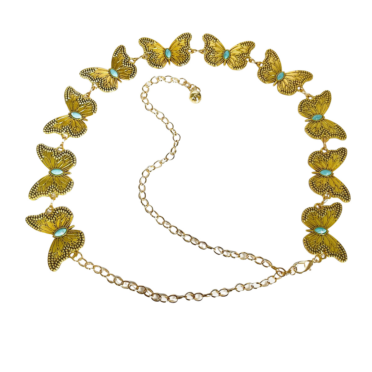 V888-ELOSUNG28088-202504281335-00 Turquoise Butterfly Belt Chain-Gold Set of 4 Bohemian Ethnic Style Metal Waist Chains - Versatile Fashion Belts for Dresses & Shirts - Image 1