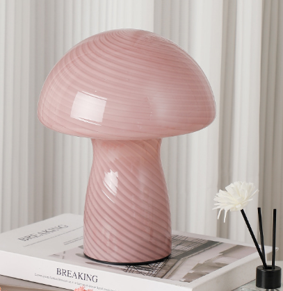 V888-ELOSUNG28093-202504281342-00 Stripe-Pure Leather Pink Retro Swirl Glass Mushroom Table Lamp - LED Bedside Night Light - Image 1