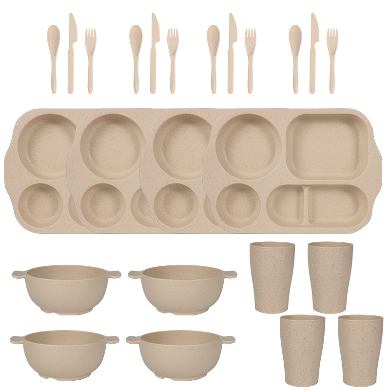 V888-ELOSUNG28116-202504281438-00 Beige Durable Eco-Friendly Wheat Straw Dinnerware Set - 24 Pieces with Plates, Bowls, Cups & Cutlery - Image 1