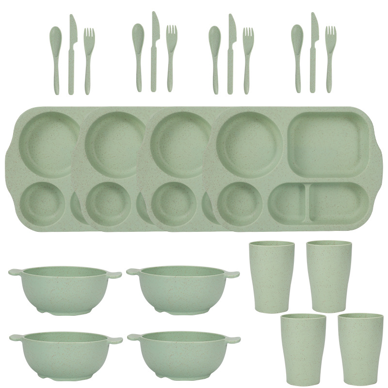 V888-ELOSUNG28118-202504281440-00 Green Durable Eco-Friendly Wheat Straw Dinnerware Set - 24 Pieces with Plates, Bowls, Cups & Cutlery - Image 1