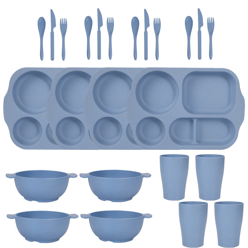 V888-ELOSUNG28119-202504281441-00 Blue Durable Eco-Friendly Wheat Straw Dinnerware Set - 24 Pieces with Plates, Bowls, Cups & Cutlery - Image 1