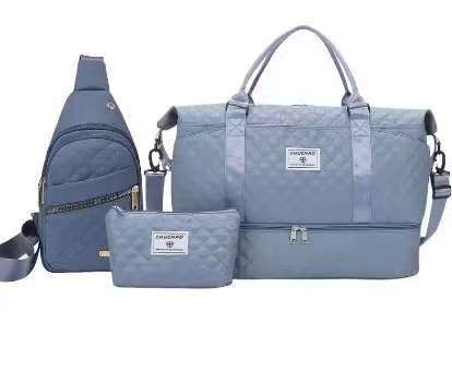 V888-ELOSUNG28137-202504281541-00 Blue Stylish 3-Piece Quilted Travel Bag Set - Weekender Duffel with Shoe Compartment, Sling Bag & Cosmetic Pouch - Image 1