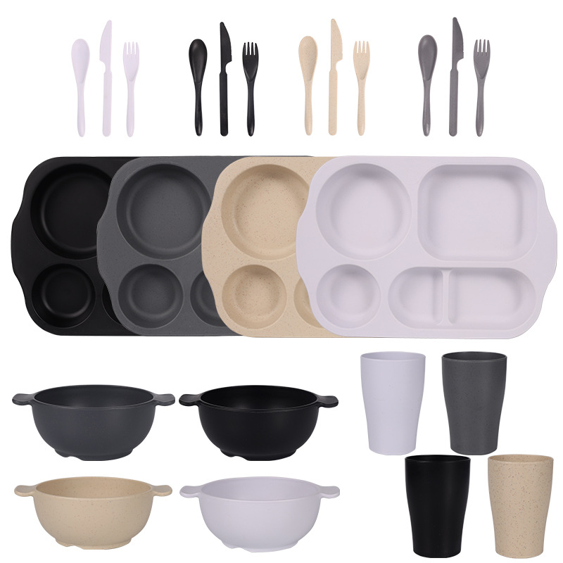 V888-ELOSUNG28142-202504281607-00 Black, Dark Grey, White, Beige Durable Eco-Friendly Wheat Straw Dinnerware Set - 24 Pieces with Plates, Bowls, Cups & Cutlery - Image 1