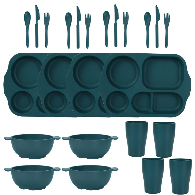 V888-ELOSUNG28146-202504281611-00 Dark Green Durable Eco-Friendly Wheat Straw Dinnerware Set - 24 Pieces with Plates, Bowls, Cups & Cutlery - Image 1