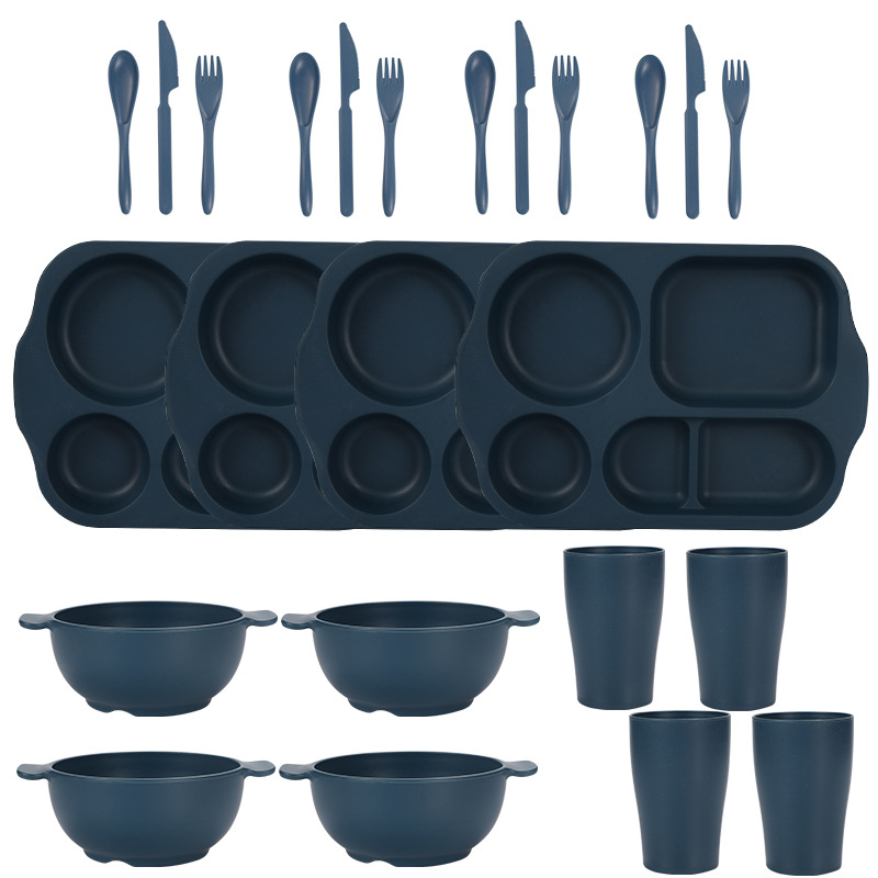V888-ELOSUNG28147-202504281612-00 Dark Blue Durable Eco-Friendly Wheat Straw Dinnerware Set - 24 Pieces with Plates, Bowls, Cups & Cutlery - Image 1