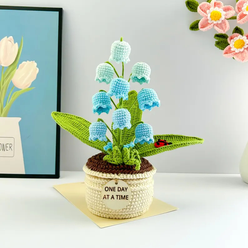 V888-ELOSUNG28174-202504281611-00 Blue Handmade Crochet Lily of the Valley Potted Plant - Gradient Blue Flower Decor Gift - Image 1