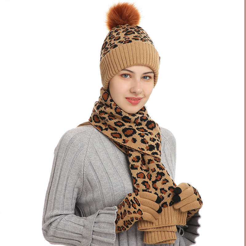 V888-ELOSUNG28182-202504281617-00 Khaki Women's Leopard Print Winter Warm Knit Set - 3 Piece Fleece Lined Hat, Scarf & Gloves - Image 1