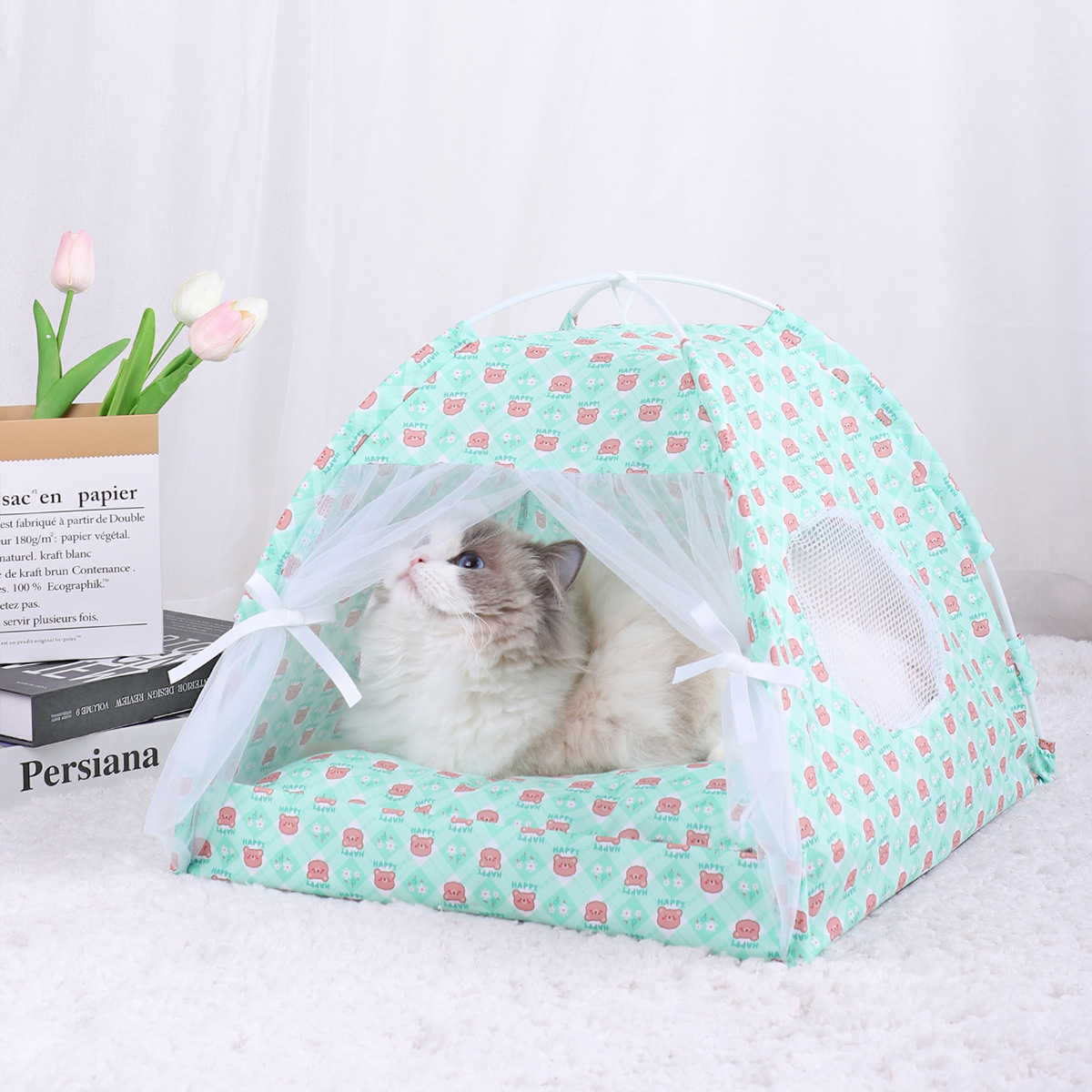 V888-ELOSUNG28236-202504301617-00 S 35*35CM 5 Catties Within The Pet Green Bear Cooling Summer Pet Tent - Portable Foldable Breathable Outdoor Cat House Shelter - Image 1