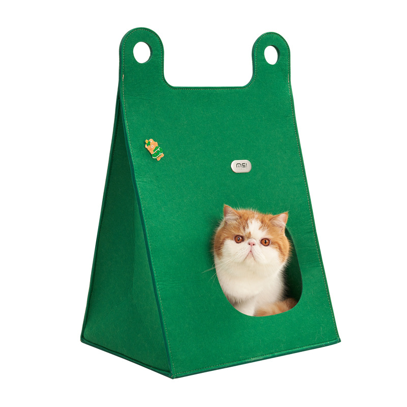 V888-ELOSUNG28317-202505071511-00 Green Cozy A-Frame Felt Pet Teepee - Foldable & Portable Cat Cave Bed with Easy Carry Handle - Image 1