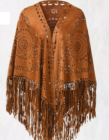 V888-ELOSUNG28374-202505131630-00 Brown Suede Wheat Tassel Triangle Scarf - Autumn Warm Shawl for Women, Hollow-Out Fringe Design - Image 1