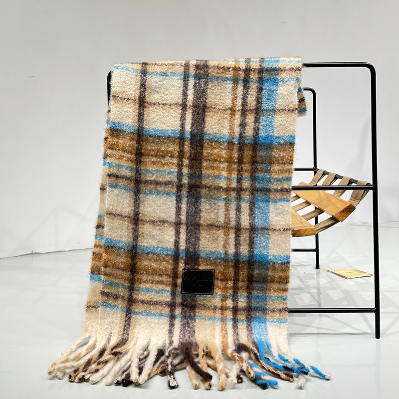 V888-ELOSUNG28381-202505131727-00 Yellow Blue Plaid Color-Block Women's Scarf - Autumn/Winter Thick Warm Neck Wrap with Tassels - Image 1