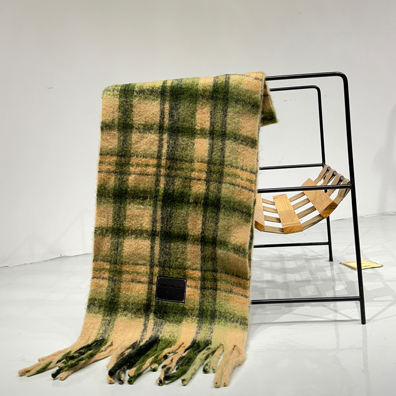 V888-ELOSUNG28382-202505131727-00 Yellow-green Plaid Color-Block Women's Scarf - Autumn/Winter Thick Warm Neck Wrap with Tassels - Image 1