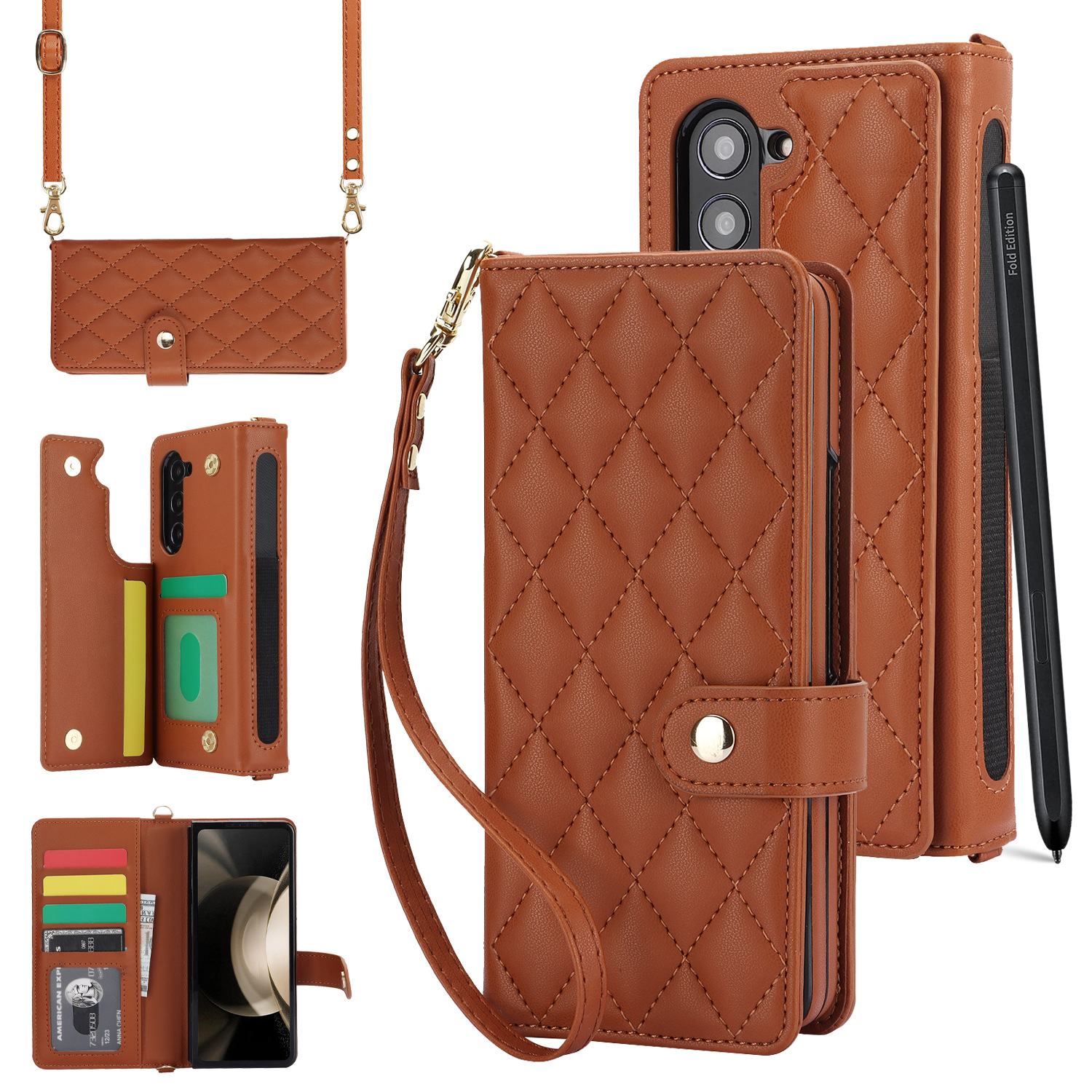 V888-ELOSUNG28434-202505131810-00 Brown Galaxy Z Fold3 Multi-Functional Leather Wallet Case for Samsung Z Fold Series - Crossbody with Pen Slot, Quilted Design Pen Not Included - Image 1