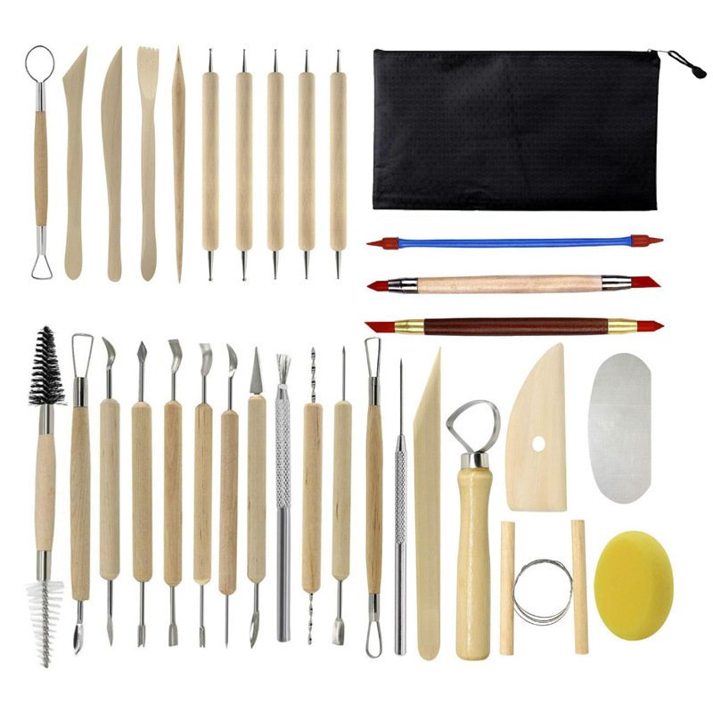 V888-ELOSUNG28443-202505131938-00 32-Piece Pottery Tool Set with Cloth Bag - DIY Clay Sculpting Kit for Kids - Image 1