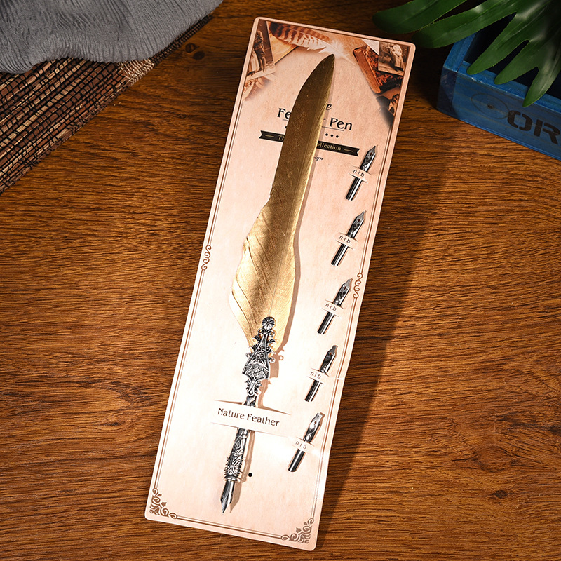 V888-ELOSUNG28500-202505131807-00 Sword Plume Gold European Dip Feather Quill Pen Set - 2-Piece Retro Business Gift Box with 5 Nib Sizes - Image 1