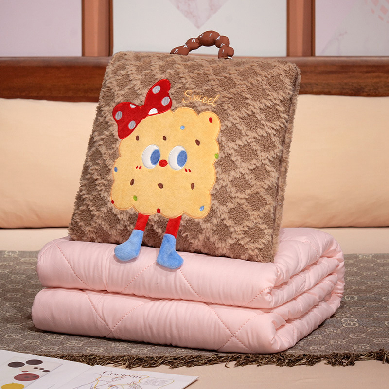 V888-ELOSUNG28614-202505151810-00 Brown Cartoon Cookie Pillow Blanket 2-in-1 for Winter Car and Office Use - Image 1
