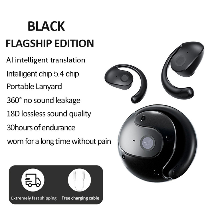 V888-ELOSUNG28833-202505231320-00 Black T2 AI Smart Translation Earbuds - Open-Ear OWS Bluetooth 5.4 Headphones with Simultaneous Interpretation & IPX4 Waterproof - Image 1