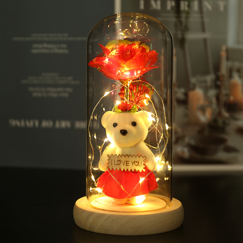 V888-ELOSUNG29015-202505191243-00 Enchanted Rose & Teddy Bear in Glass Dome with LED Lights - I Love You" Gift(Red)" - Image 1