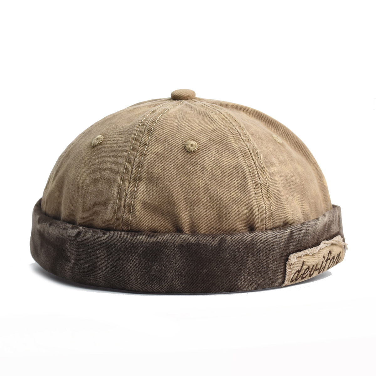 V888-ELOSUNG29067-202505191341-00 Vintage Washed Cotton Docker Cap - Unisex Brimless Beanie Hat with Star Patch(Khaki) - Image 1