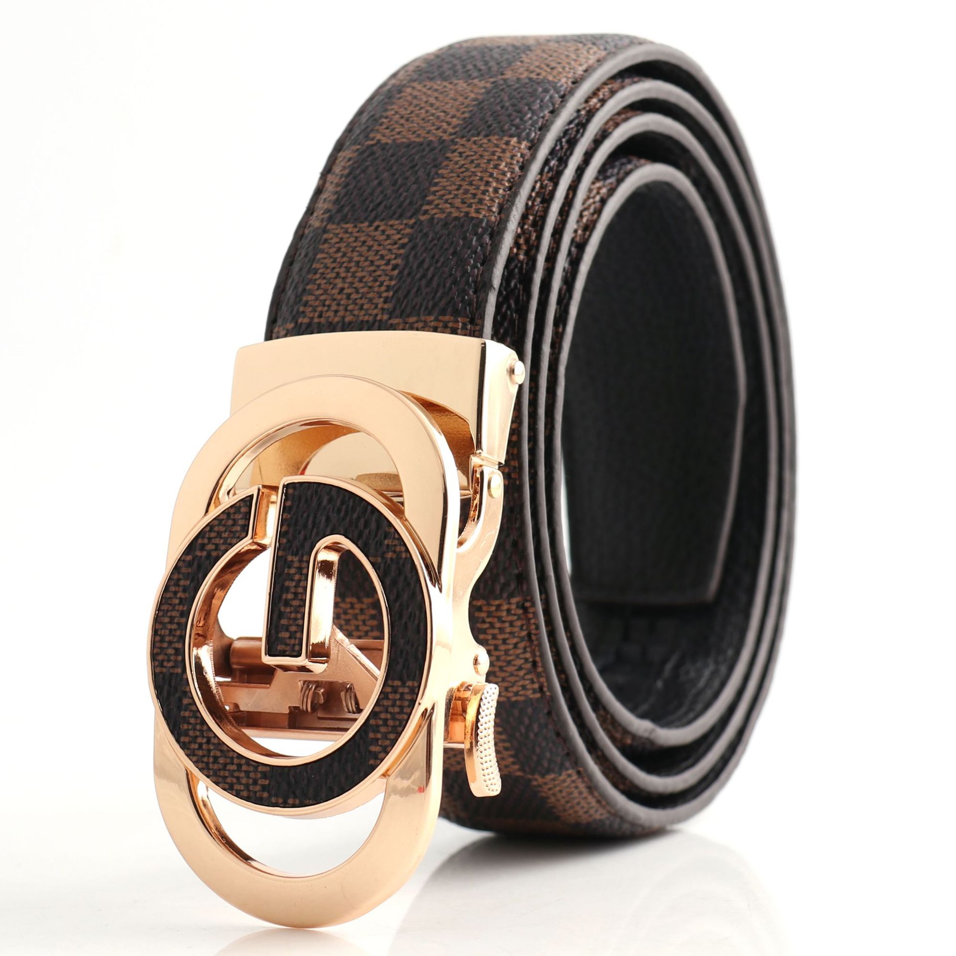 V888-ELOSUNG29081-202505231147-00 Luxury Designer Style PU Leather Belt,Automatic Buckle(G leather coffee ribbon + gold buckle) - Image 1