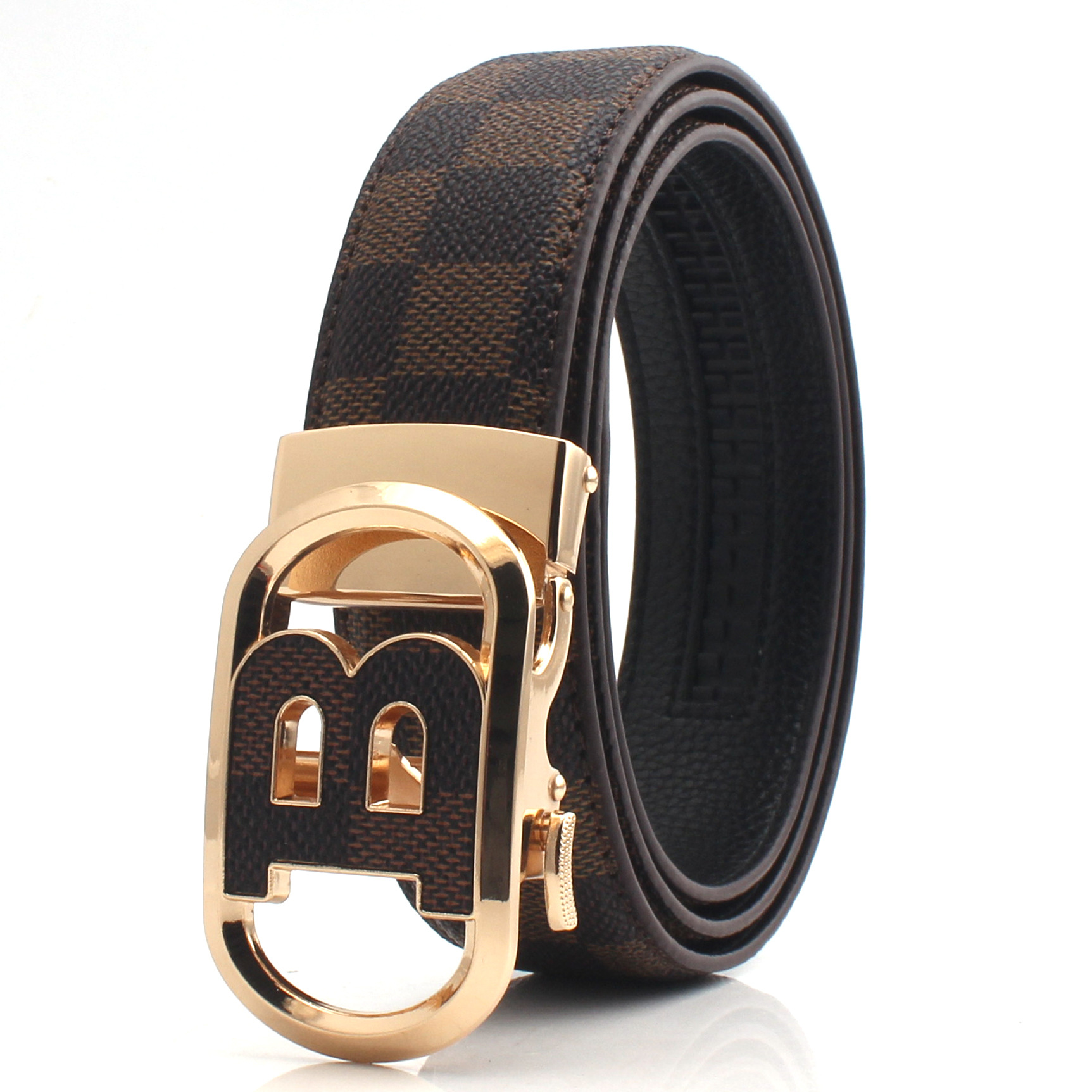V888-ELOSUNG29084-202505231147-00 Luxury Designer Style PU Leather Belt,Automatic Buckle(B-patterned coffee-colored belt + gold buckle) - Image 1