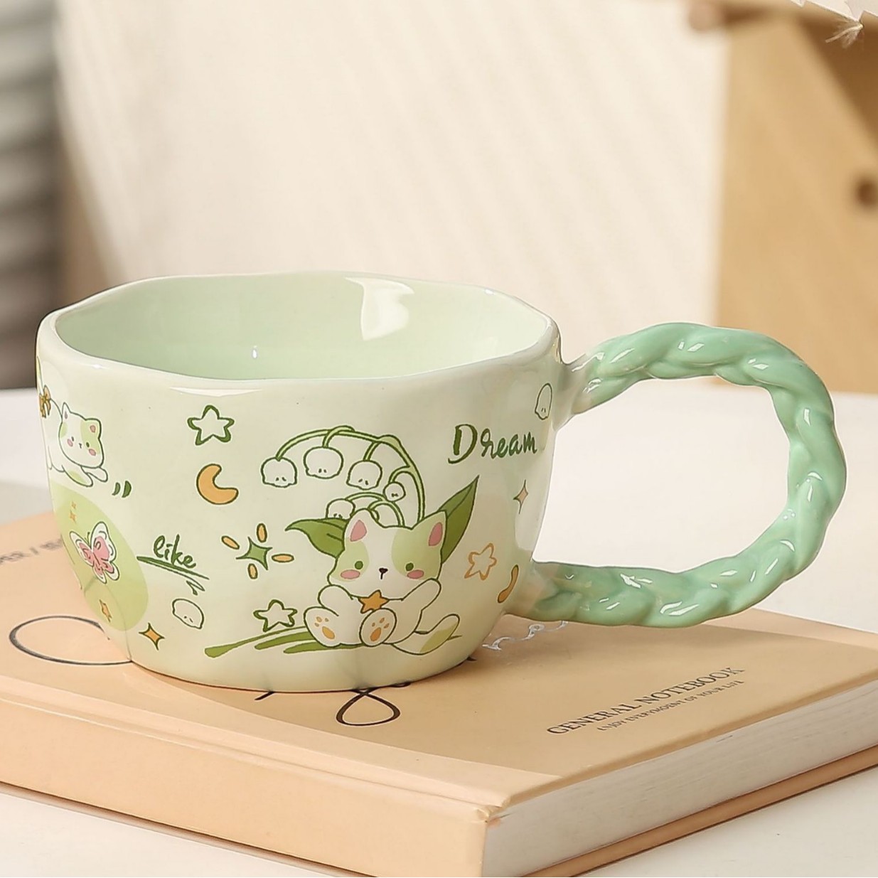 V888-ELOSUNG29119-202505231246-00 Whimsical Cat & Friends Ceramic Mug - 320ml with Unique Twisted Handle (Green) - Image 1