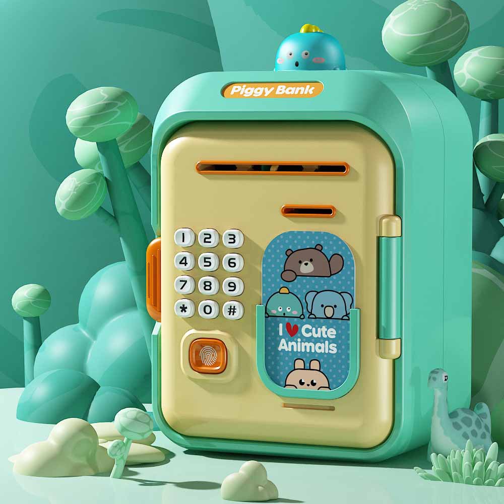 V888-ELOSUNG29138-202505231340-00 Interactive Kids' Piggy Bank Safe with Music, Stories & Password Lock(Cyan) - Image 1