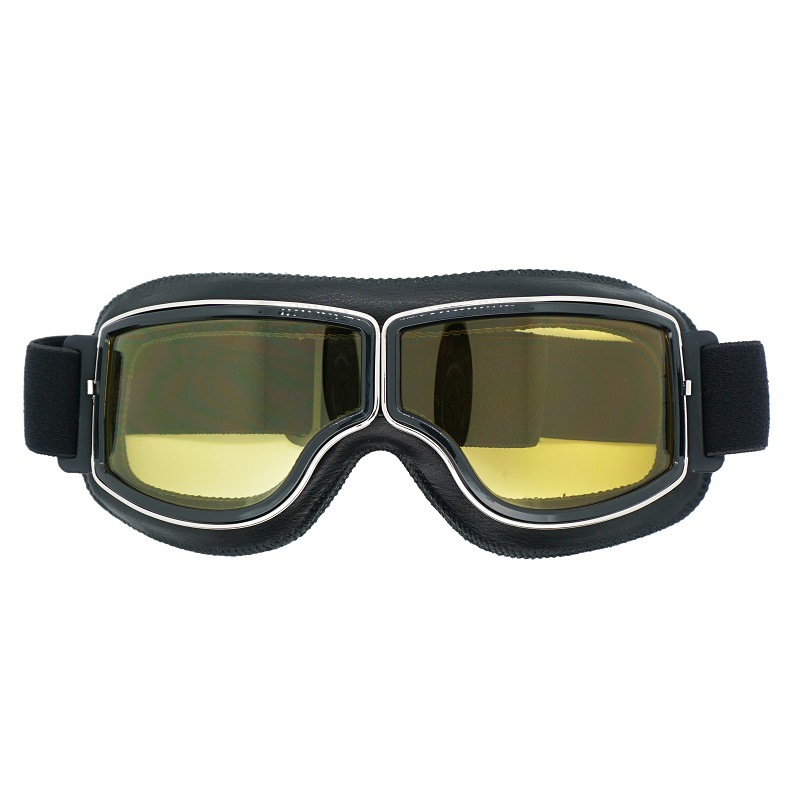 V888-ELOSUNG29344-202505281110-00 Retro Motorcycle Goggles - Windproof, UV400 Protection, Anti-Impact PC Lenses with Leather Frame(Black leather yellow lens) - Image 1