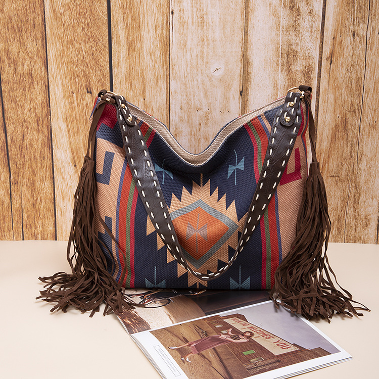 V888-ELOSUNG29791-202506190622-00 Bohemian Style Canvas Hobo Bag with Tassels & Geometric Print - Large Capacity Shoulder Bag(blue) - Image 1