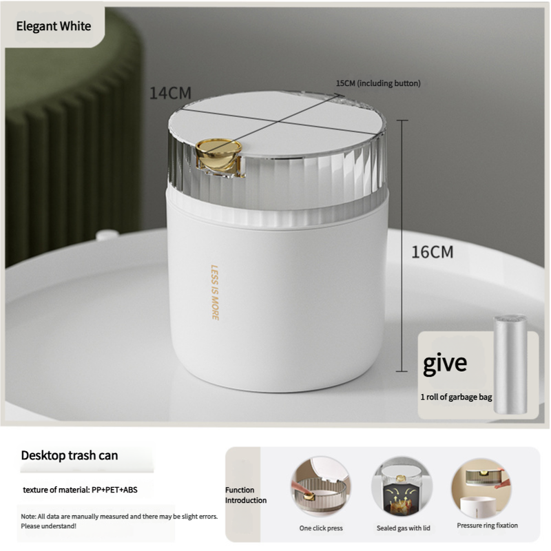 V888-ELOSUNG304-202254-00 White desktop trash can (standard 1-roll garbage bag) 14cm * 15cm (including button) * 16cm - Image 1
