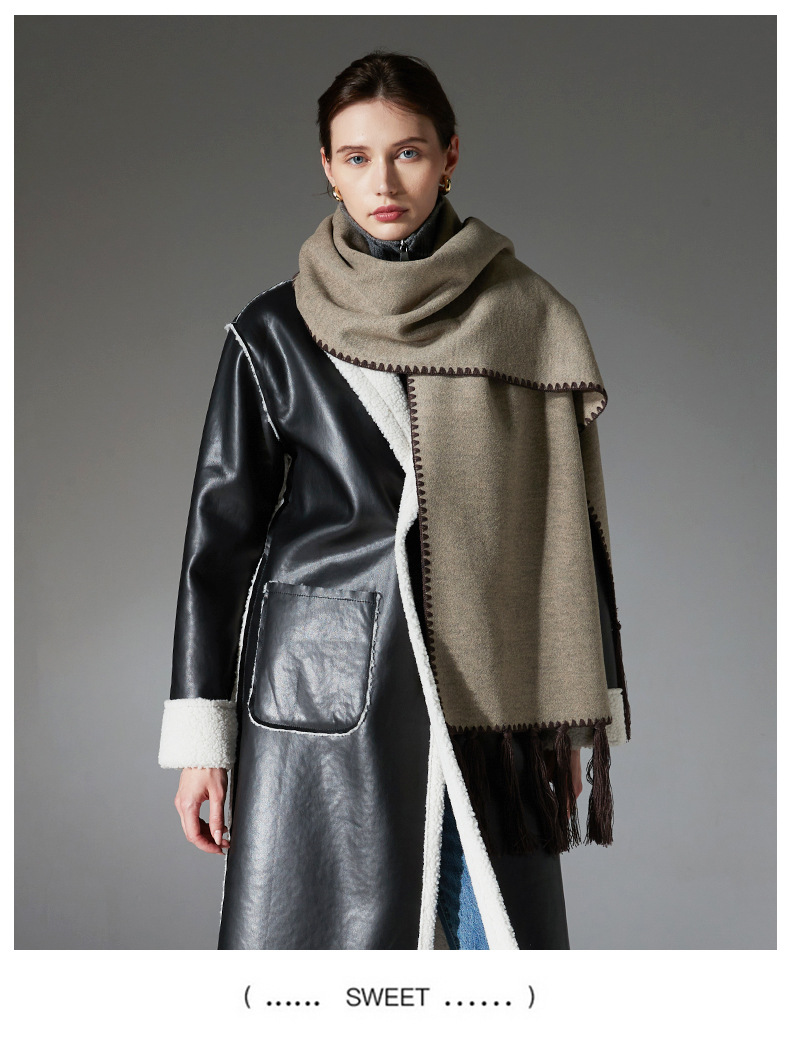 V888-ELOSUNG31031-202505231206-00 Dark brown Contrast Edge & Tassel Scarf - Chic Autumn/Winter Neckwear (190x30cm) - Image 1