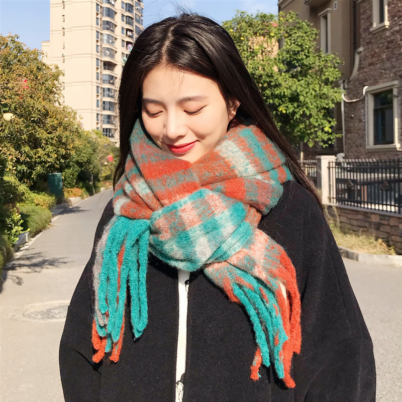 V888-ELOSUNG31035-202505231338-00 Orange blue Women's Fashion Plaid Scarf - Warm & Stylish Long Neck Warmer (220x40cm) - Image 1