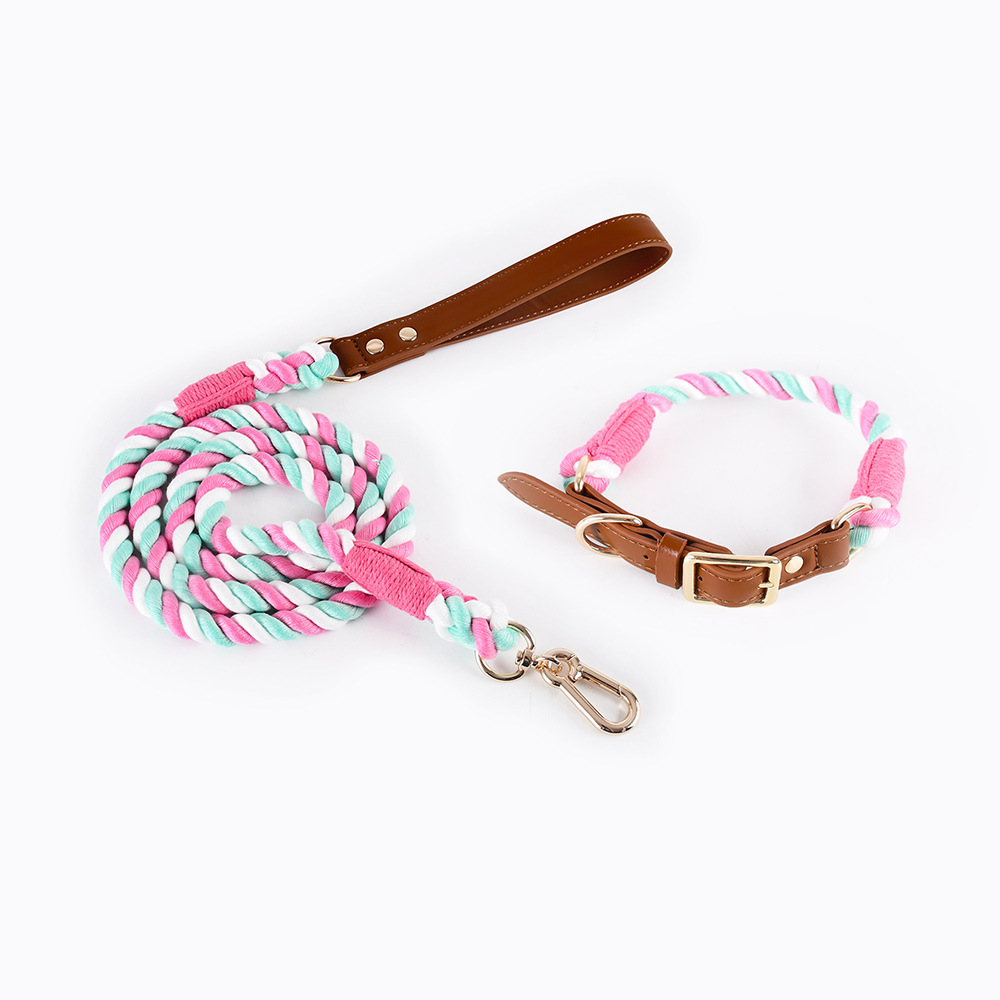V888-ELOSUNG31174-202505281121-00 Premium Leather Pet Collar and Leash - Soft, Strong Braided Rope (Pink green - Size M) - Image 1