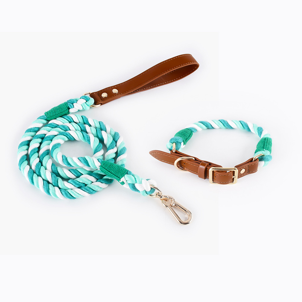 V888-ELOSUNG31177-202505281121-00 Premium Leather Pet Collar and Leash - Soft, Strong Braided Rope (Double green - Size M) - Image 1