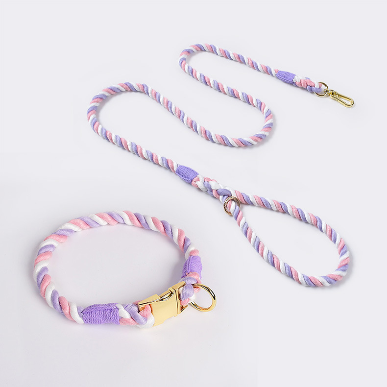 V888-ELOSUNG31192-202505281130-00 Handmade Rope Dog Collar and Leash Set - Colorful Woven Cotton Cotton (Pink purple - Size XL) - Image 1